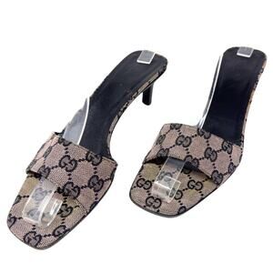 Gucci GG Logo Monogram Supreme Canvas Navy Blue‎ Black Grey Heels Sandals Slides